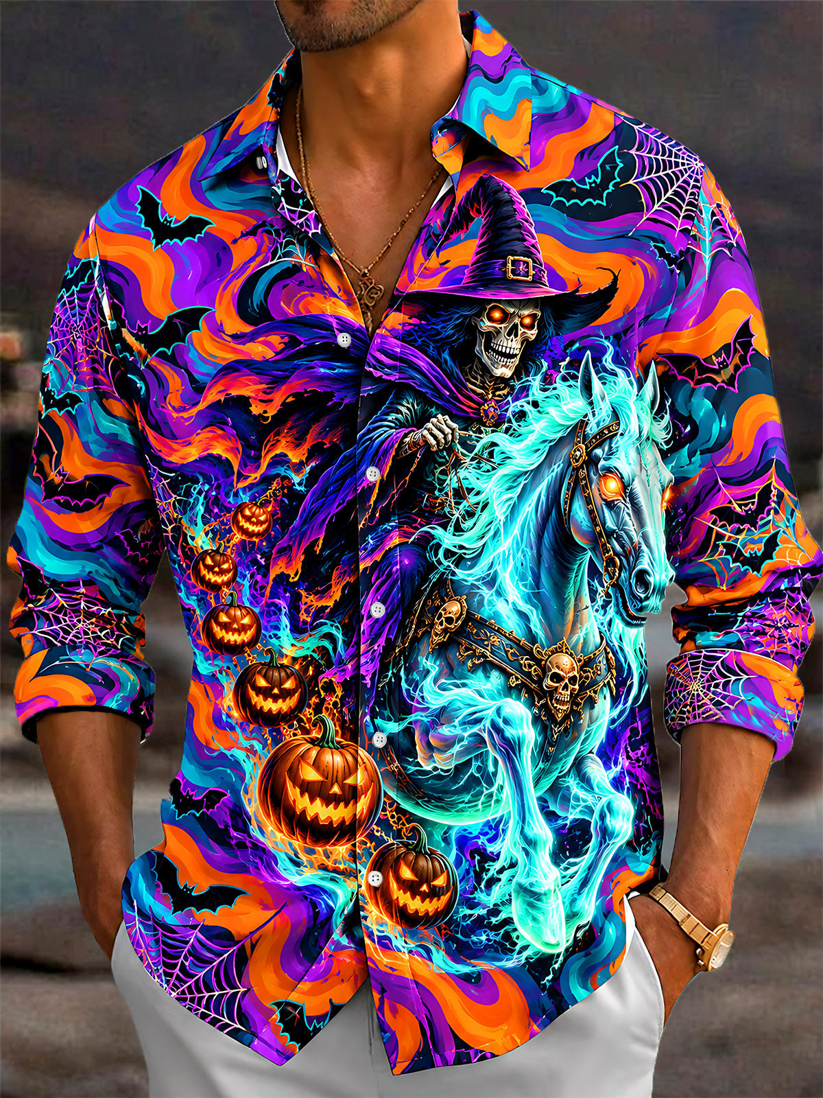 Oceanlyte Men's Halloween Skeleton Wizard On Ghost Horse Print Long Sleeve Shirt with Chest Pocket