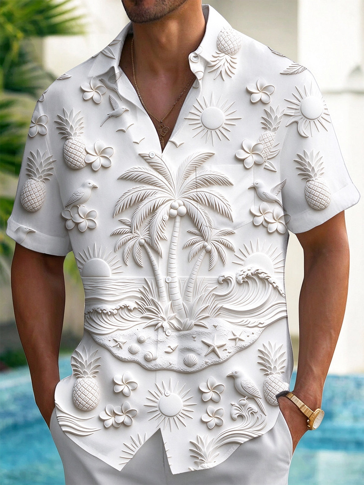 Oceanlyte Men's Hawaiian Palm Trees And Beach Scene Print Short Sleeve Shirt with Chest Pocket