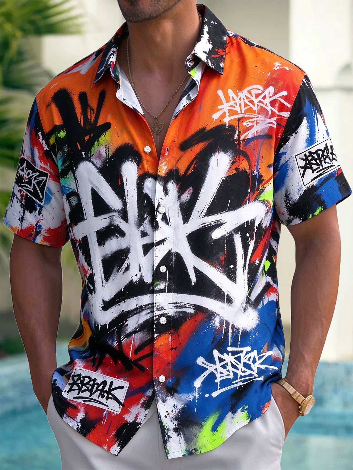 Oceanlyte Men's Graffiti Text And Spray Paint Splatters Print Short Sleeve Shirt with Chest Pocket