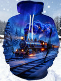 Oceanlyte Men's Long Sleeve Hoodie - Christmas Vintage Steam Train In Winter Landscape Print