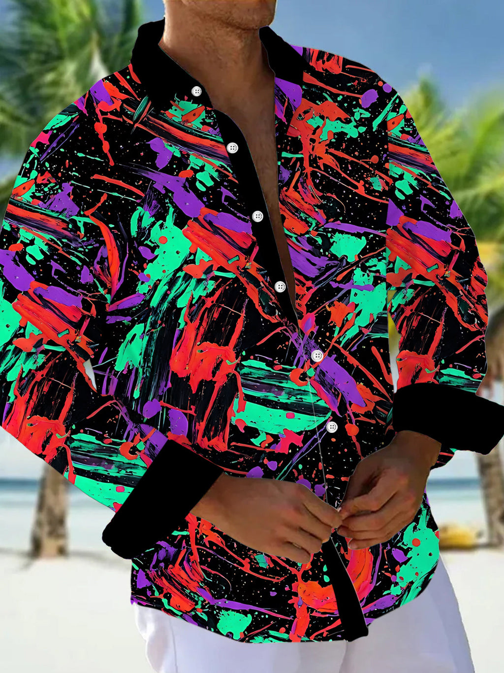 Oceanlyte Men's Long Sleeve Shirt - Abstract Colorful Paint Splatters And Brushstrokes Print with Chest Pocket