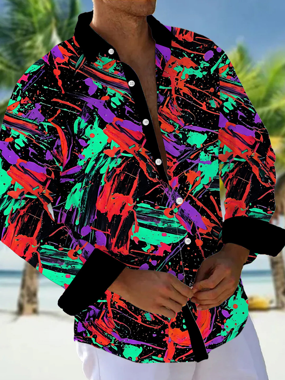 Oceanlyte Men's Long Sleeve Shirt - Abstract Colorful Paint Splatters And Brushstrokes Print with Chest Pocket