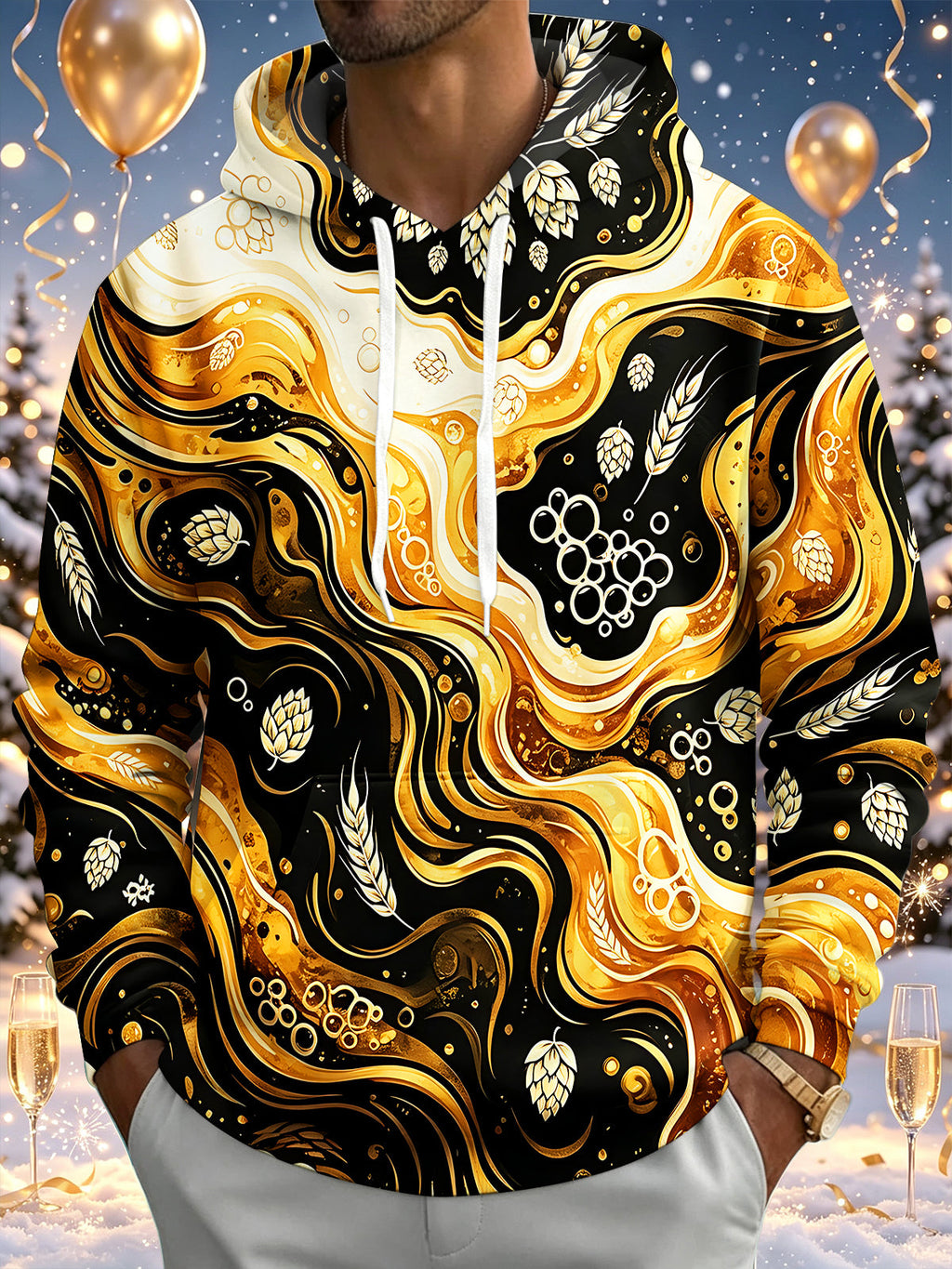 Oceanlyte Men's Patterned Gold Fluid Beer Hops Pattern Long Sleeve Hoodie
