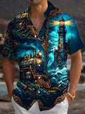 Oceanlyte Men's Steampunk Train And Coastal Lighthouse Print Short Sleeve Shirt with Chest Pocket