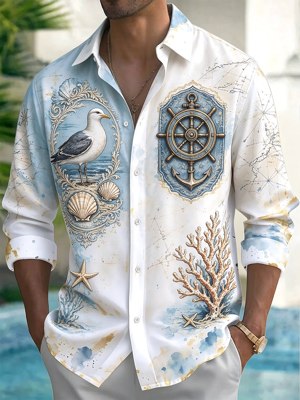 Oceanlyte Men's Vintage Nautical Marine Life Print Long Sleeve Shirt with Chest Pocket