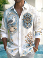 Oceanlyte Men's Vintage Nautical Marine Life Print Long Sleeve Shirt with Chest Pocket