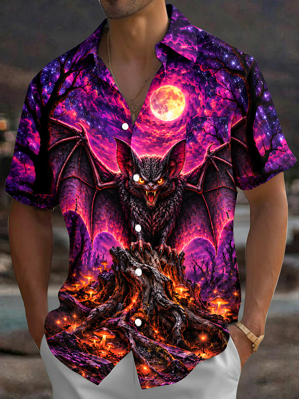 Oceanlyte Men's Halloween Bat And Glowing Mushrooms Print Short Sleeve Shirt with Chest Pocket