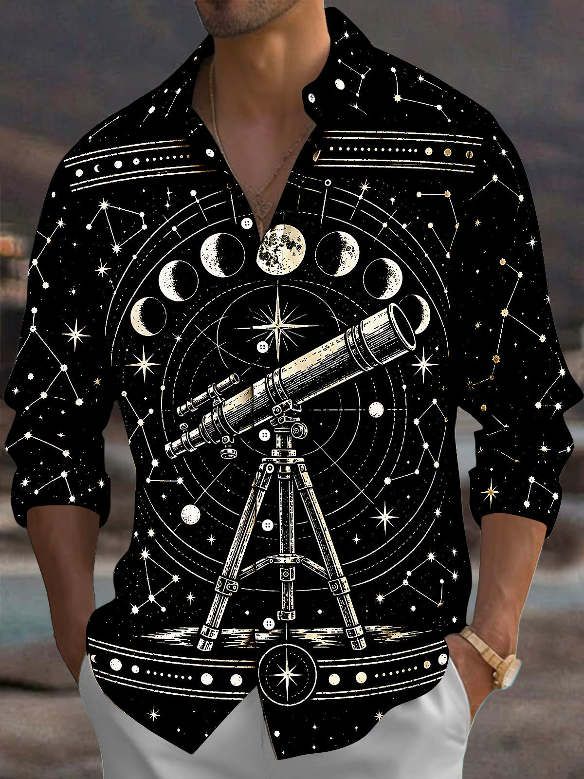 Oceanlyte Men's Astronomical Telescope And Moon Phases Print Long Sleeve Shirt with Chest Pocket