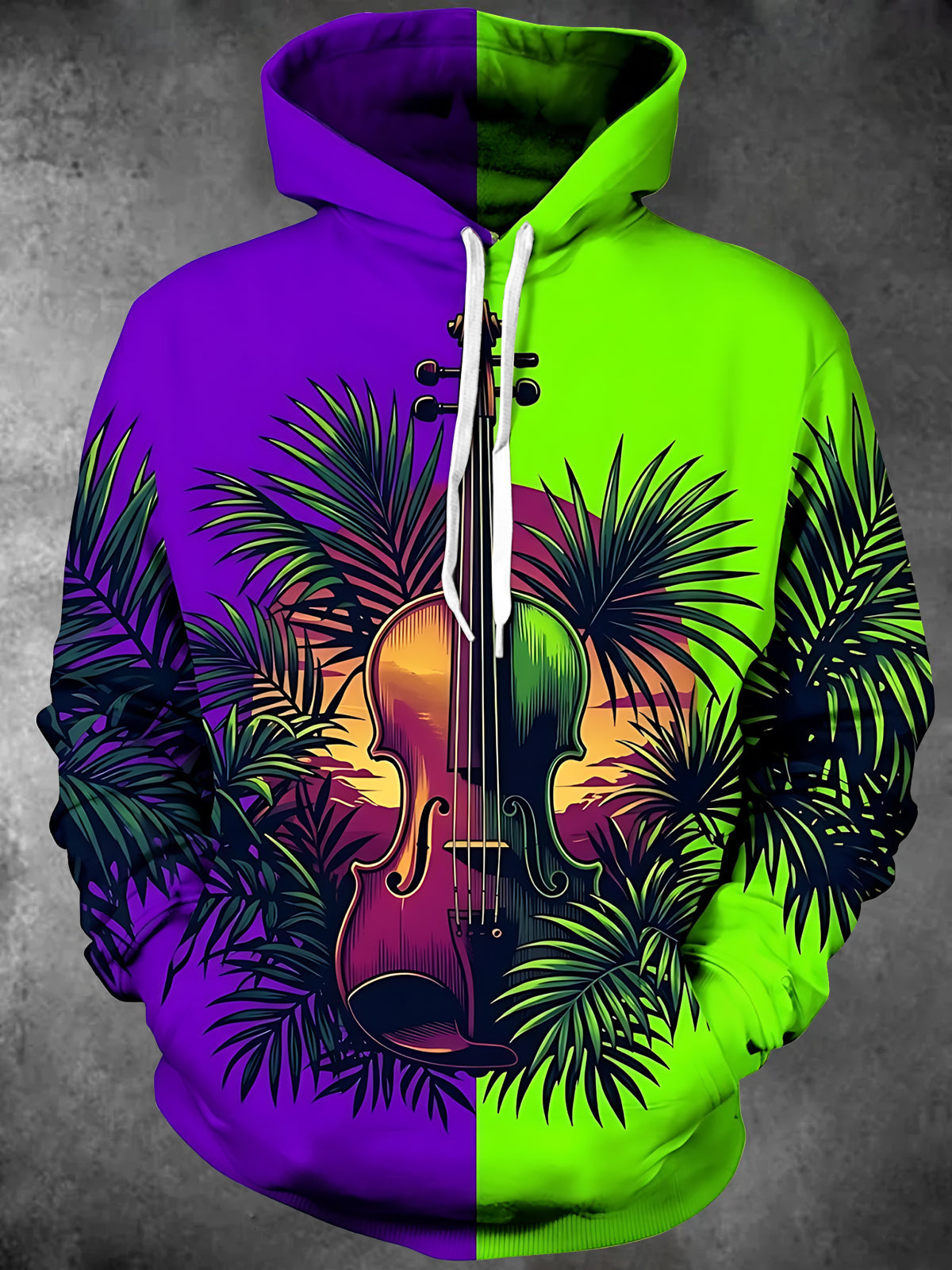 Oceanlyte Men's Graphic Violin And Palm Leaves Print Long Sleeve Hoodie