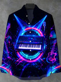 Oceanlyte Men's Long Sleeve Stand Collar Shirt - Neon Synthesizer Keyboard And Musical Instruments Print