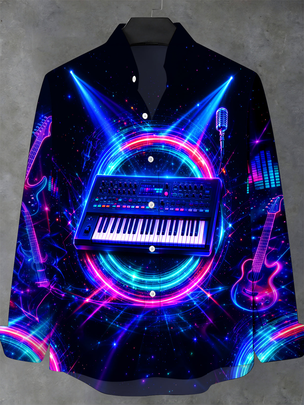 Oceanlyte Men's Long Sleeve Stand Collar Shirt - Neon Synthesizer Keyboard And Musical Instruments Print