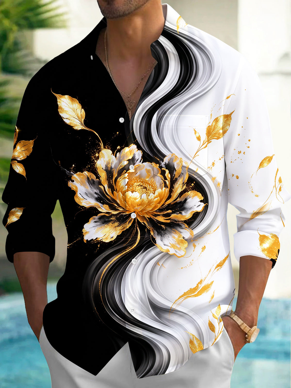 Oceanlyte Men's Long Sleeve Shirt - Gold Peony Floral With Black And White Swirls Print with Chest Pocket