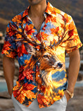 Oceanlyte Men's Hawaiian Deer With Autumn Maple Leaves Print Short Sleeve Shirt with Chest Pocket