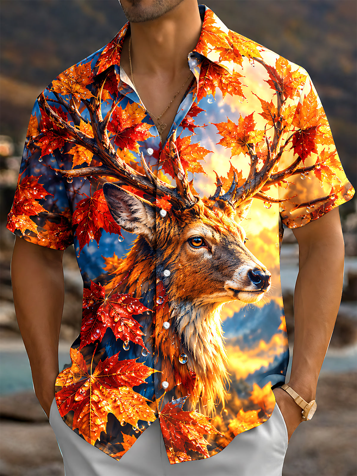 Oceanlyte Men's Hawaiian Deer With Autumn Maple Leaves Print Short Sleeve Shirt with Chest Pocket