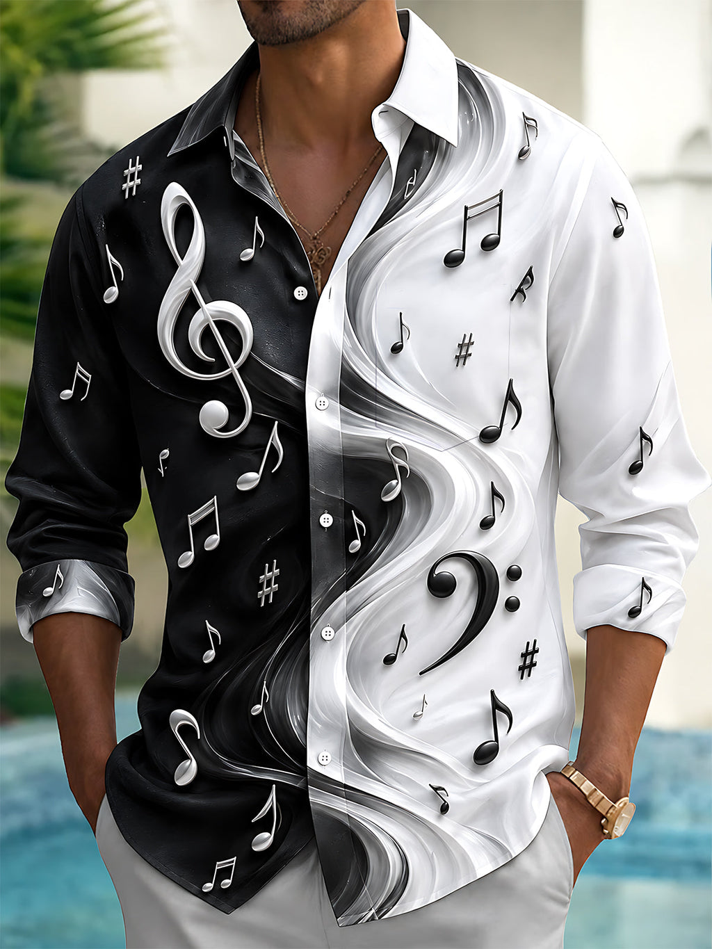Oceanlyte Men's Graphic Musical Notes And Clefs Print Long Sleeve Shirt with Chest Pocket