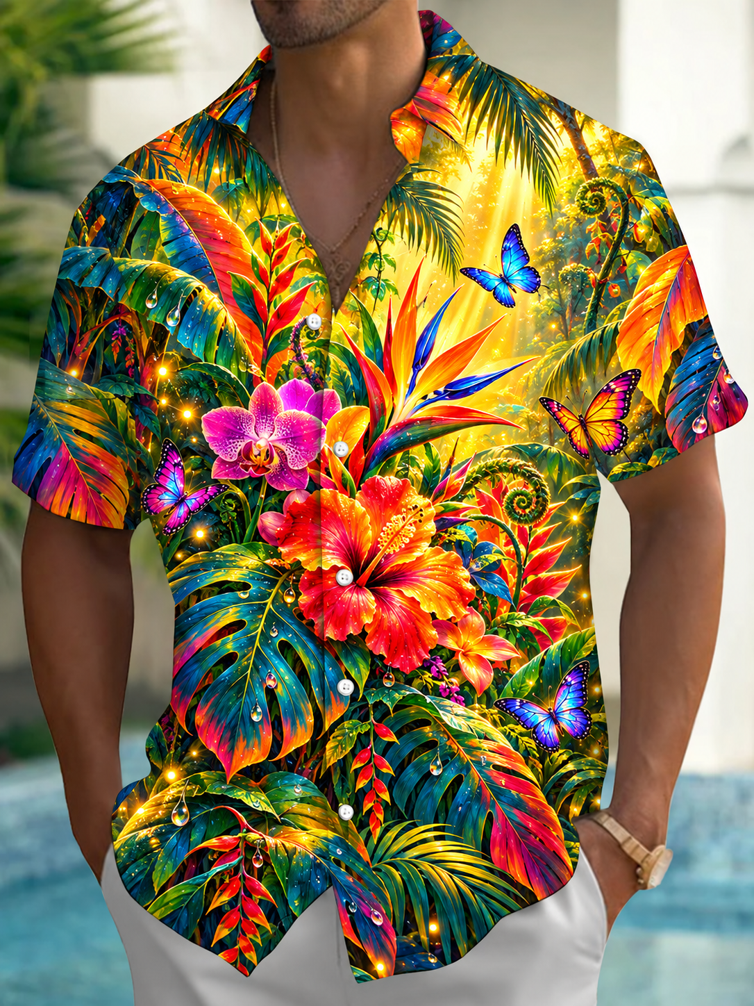 Oceanlyte Men's Tropical Flowers And Butterflies Print Short Sleeve Shirt with Chest Pocket
