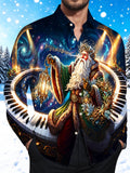 Oceanlyte Men's Santa Claus With Piano Keys And Lantern Print Long Sleeve Shirt with Chest Pocket