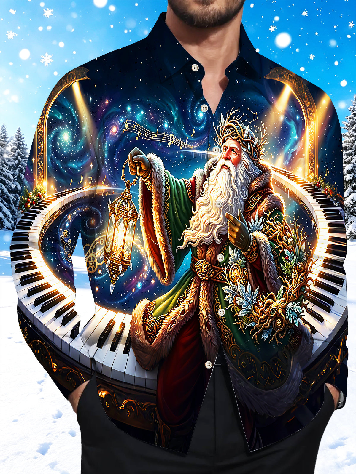 Oceanlyte Men's Santa Claus With Piano Keys And Lantern Print Long Sleeve Shirt with Chest Pocket