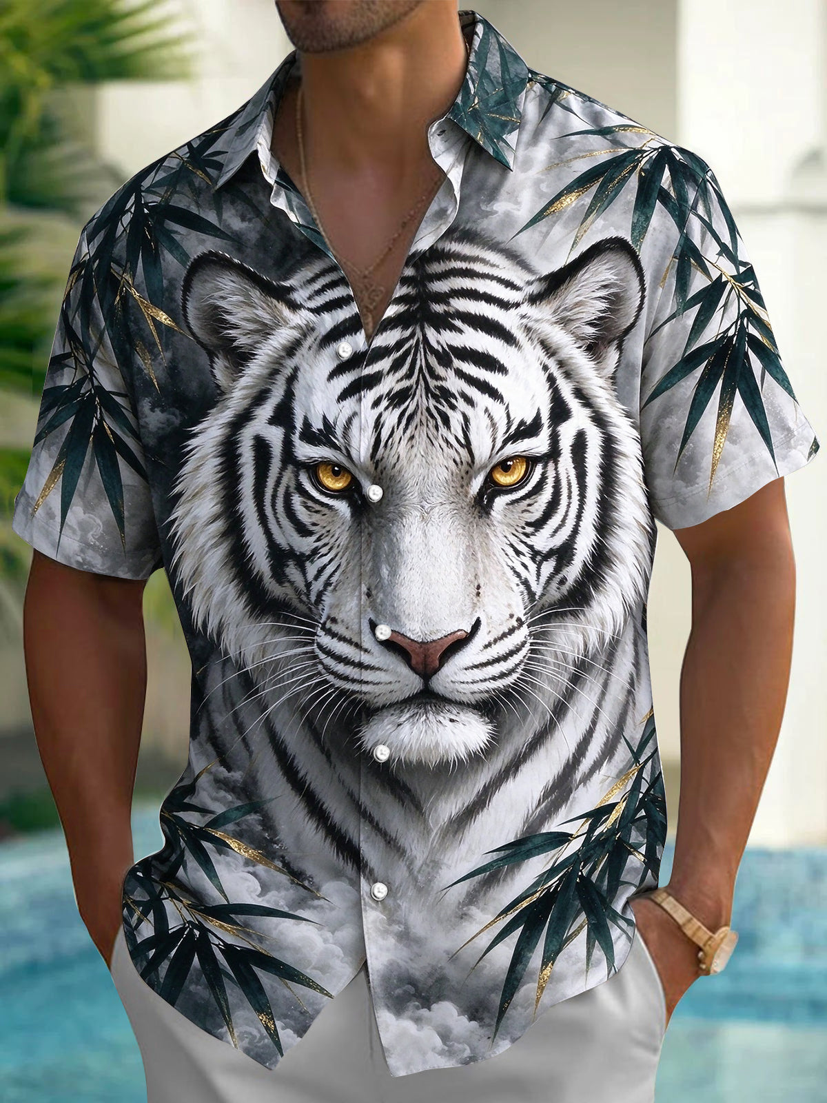 Oceanlyte Men's Hawaiian White Tiger Face Print Short Sleeve Shirt with Chest Pocket