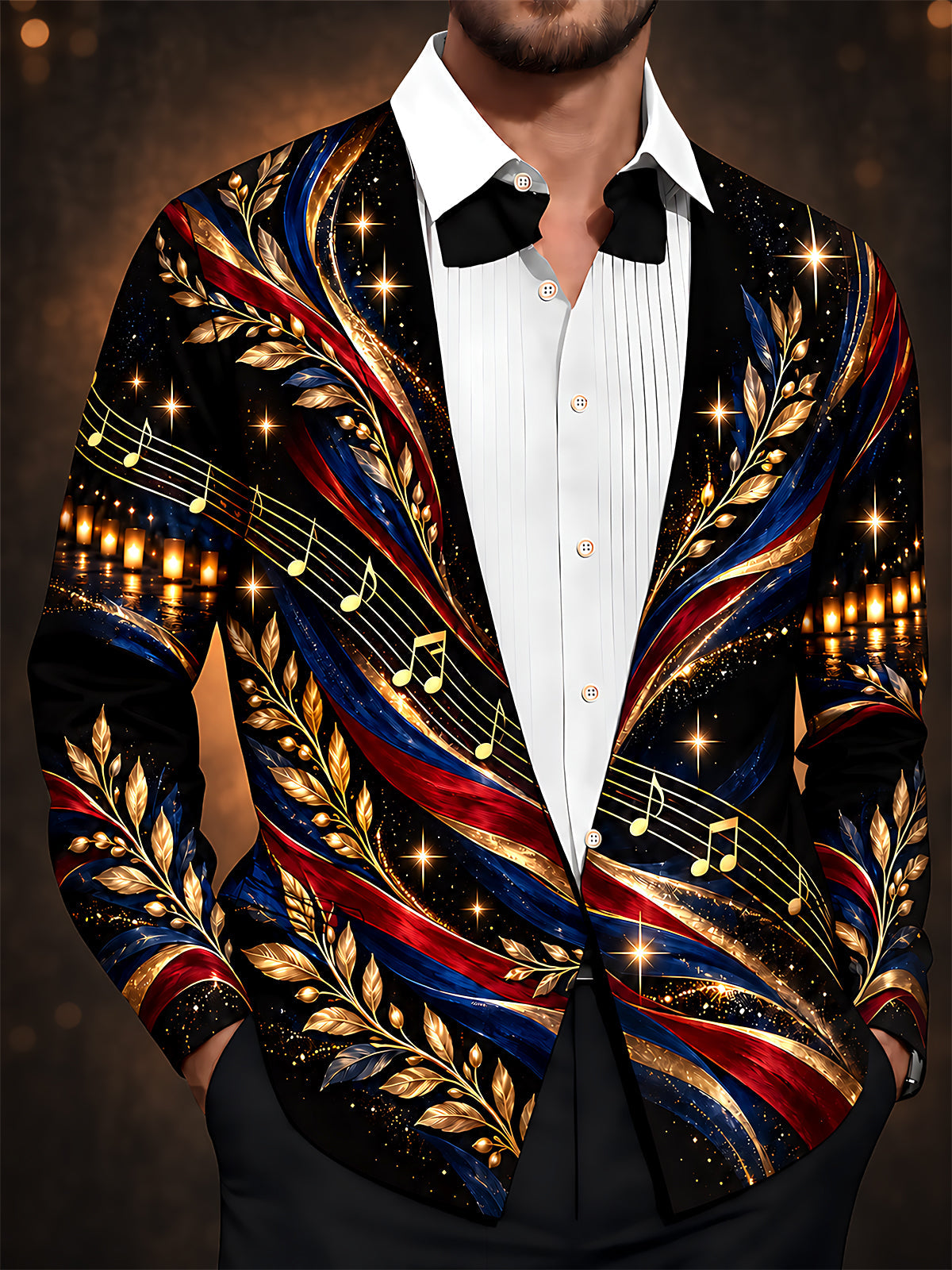 Oceanlyte Men's Long Sleeve Shirt - Veterans Day Musical Notes And Gold Leaves With Patriotic Ribbons Print with Chest Pocket