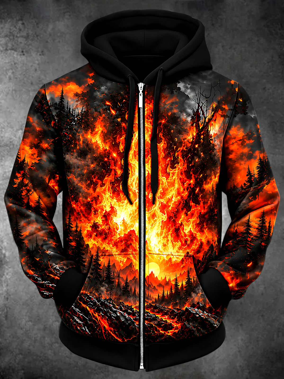 Oceanlyte Men's Forest Fire And Lava Landscape Print Long Sleeve Zip-Up Hoodie