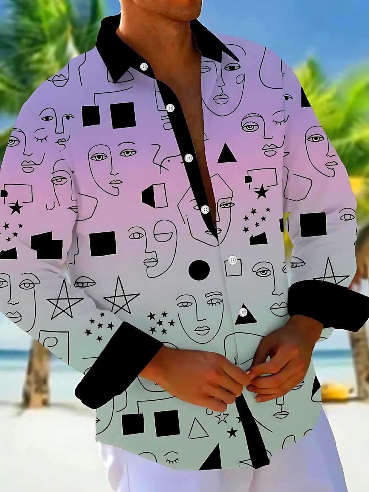 Oceanlyte Men's Long Sleeve Shirt - Abstract Line Art Faces And Geometric Shapes Print with Chest Pocket