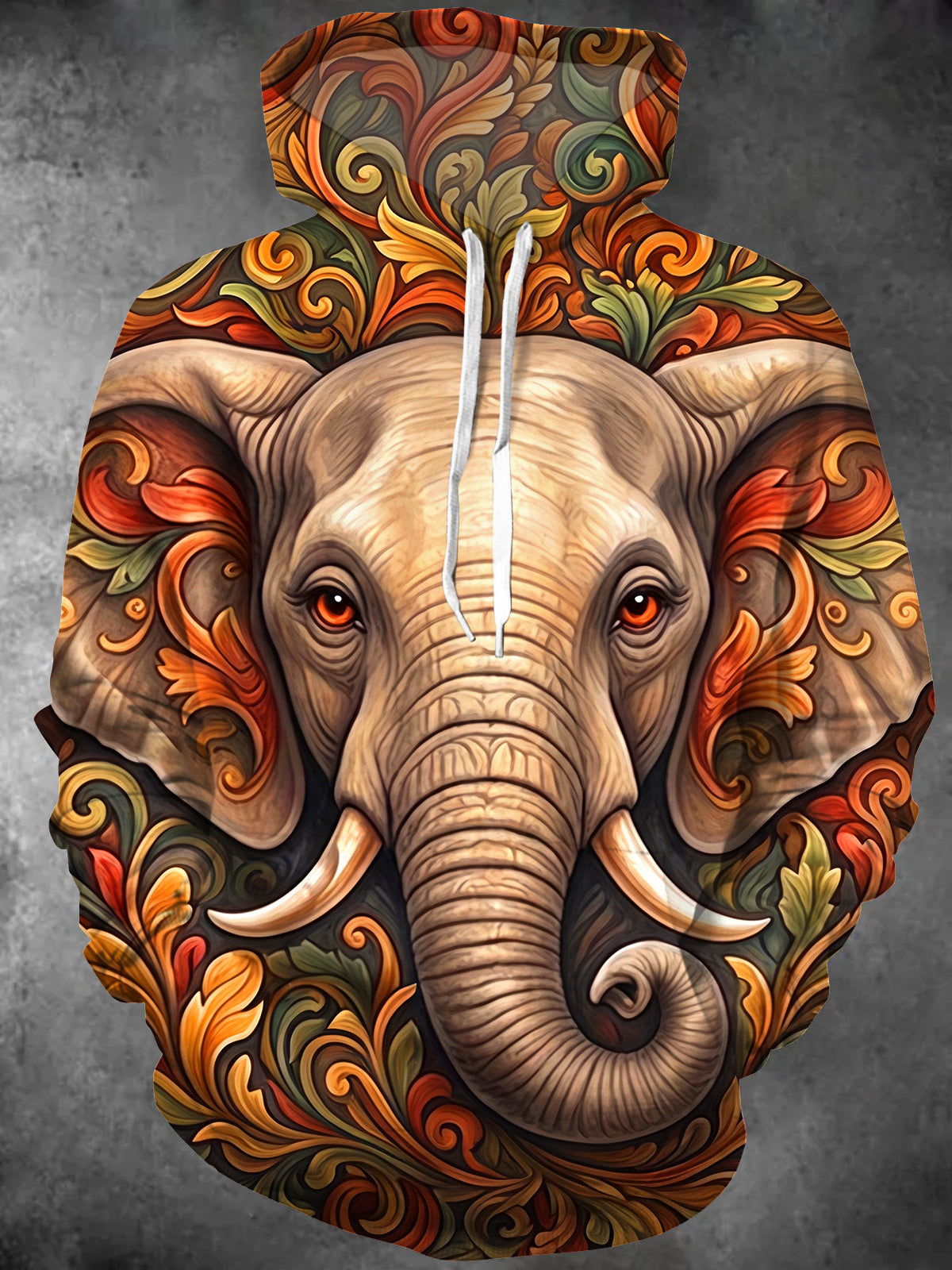Oceanlyte Men's Long Sleeve Hoodie - Carved Elephant Head With Floral Scrollwork Print