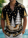 Oceanlyte Men's Christmas Sleigh And Christmas Trees Print Short Sleeve Shirt with Chest Pocket