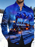 Oceanlyte Men's Graphic Vintage Train In Winter Forest Print Long Sleeve Shirt with Chest Pocket