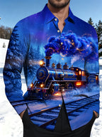 Oceanlyte Men's Graphic Vintage Train In Winter Forest Print Long Sleeve Shirt with Chest Pocket