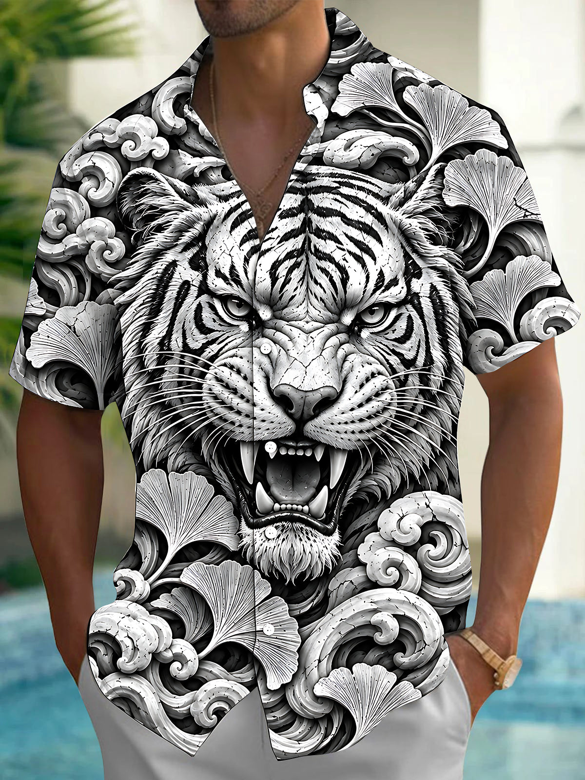 Oceanlyte Men's Hawaiian Tiger Face Print Short Sleeve Shirt with Chest Pocket