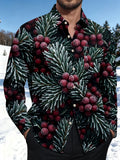 Oceanlyte Men's Long Sleeve Shirt - Christmas Frosted Pine Needles And Red Berries Print with Chest Pocket