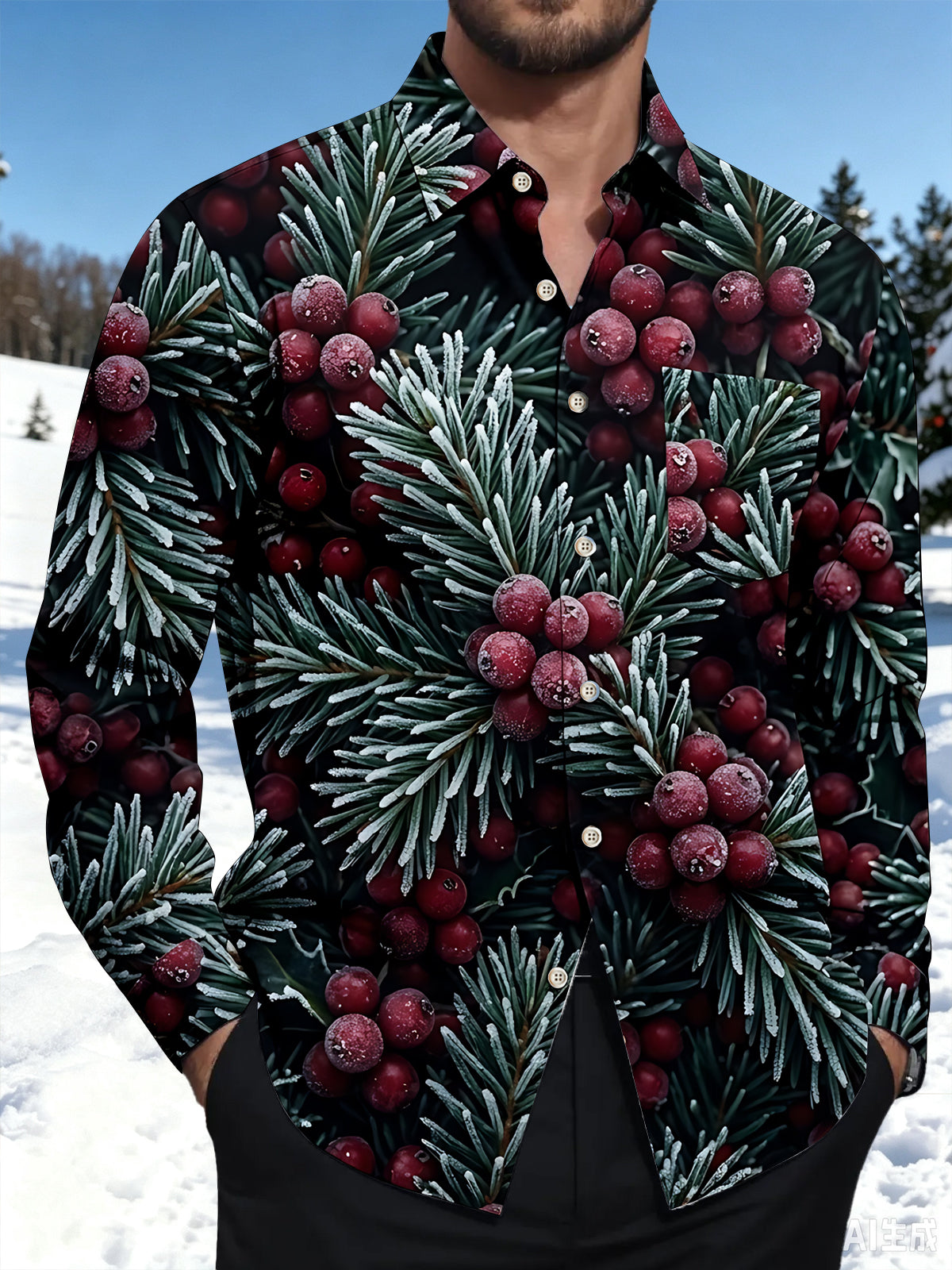 Oceanlyte Men's Long Sleeve Shirt - Christmas Frosted Pine Needles And Red Berries Print with Chest Pocket