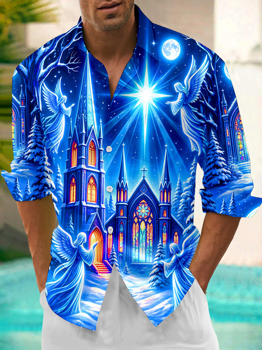 Oceanlyte Men's Long Sleeve Shirt - Christmas Gothic Church With Angels And Starburst Print with Chest Pocket