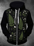 Oceanlyte Men's Long Sleeve Zip-Up Hoodie - Botanical Fern And White Flower Illustrations Print