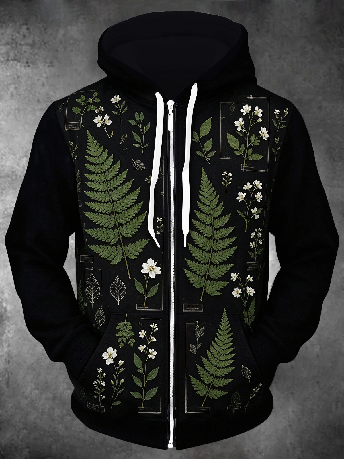 Oceanlyte Men's Long Sleeve Zip-Up Hoodie - Botanical Fern And White Flower Illustrations Print