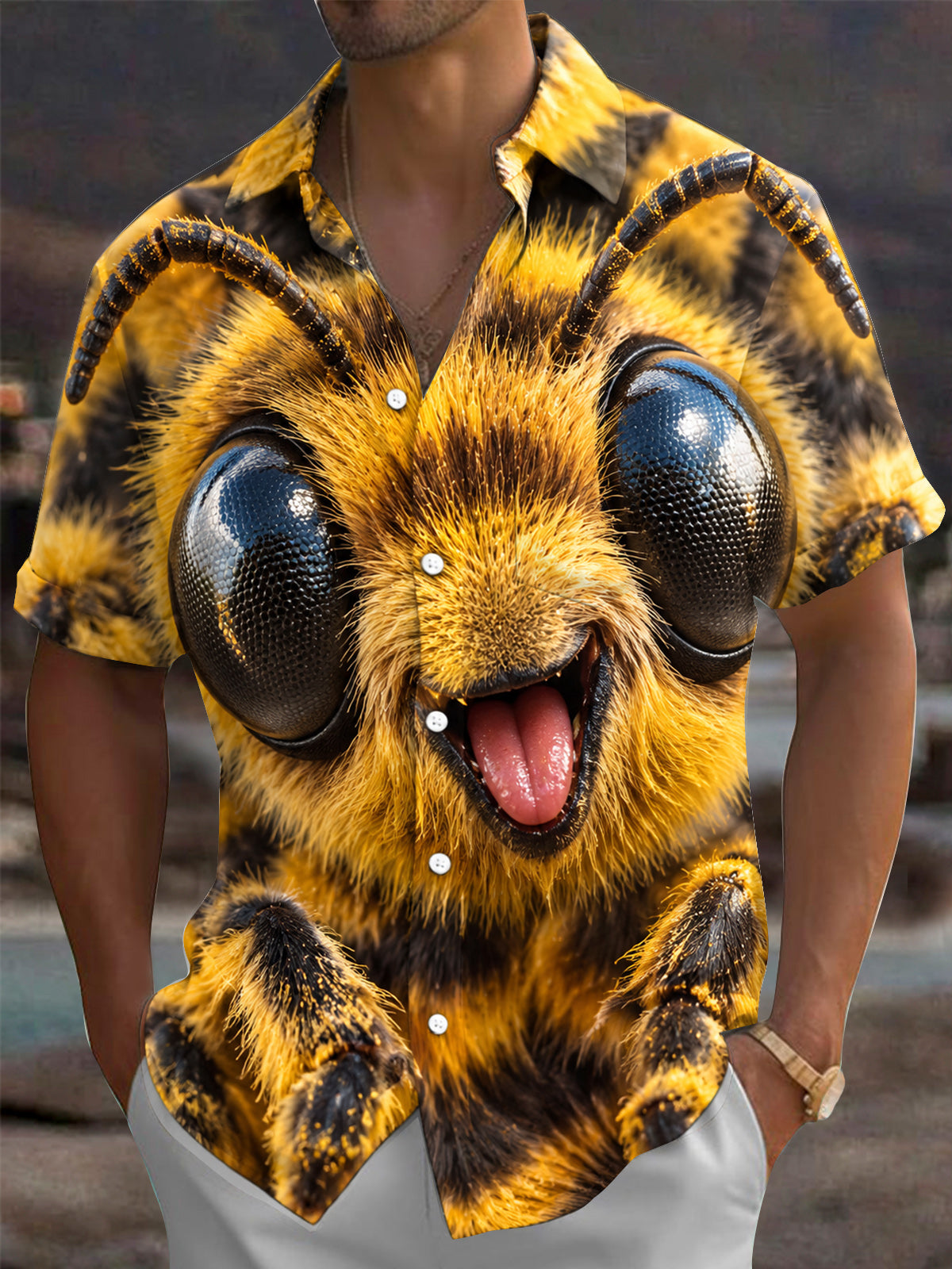 Oceanlyte Men's Graphic Funny Bee Face With Tongue Print Short Sleeve Shirt with Chest Pocket