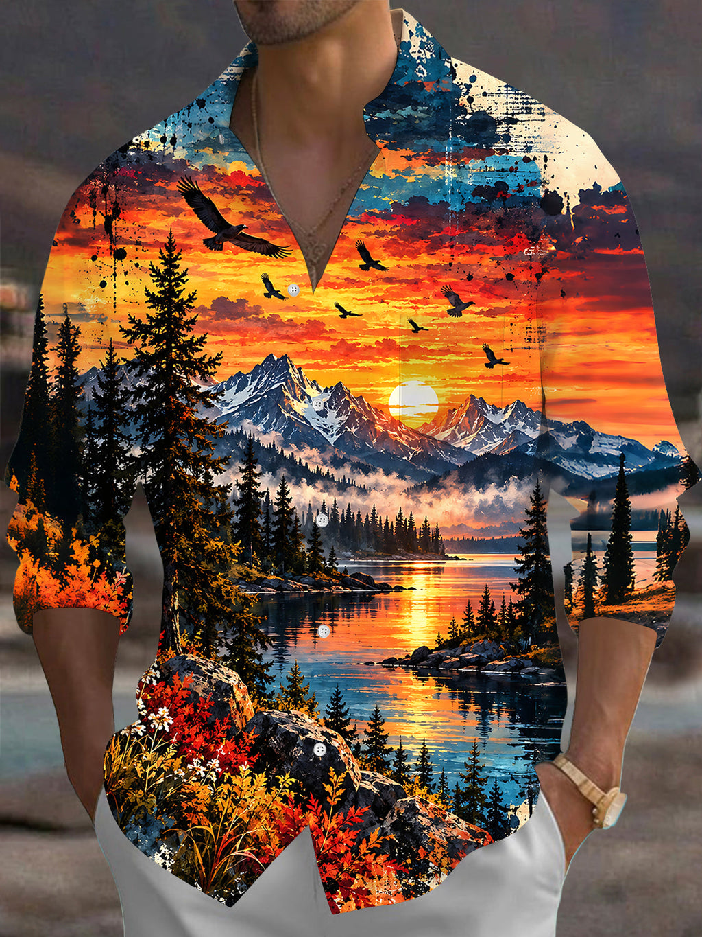 Oceanlyte Men's Graphic Mountain Sunset Landscape Print Long Sleeve Shirt with Chest Pocket