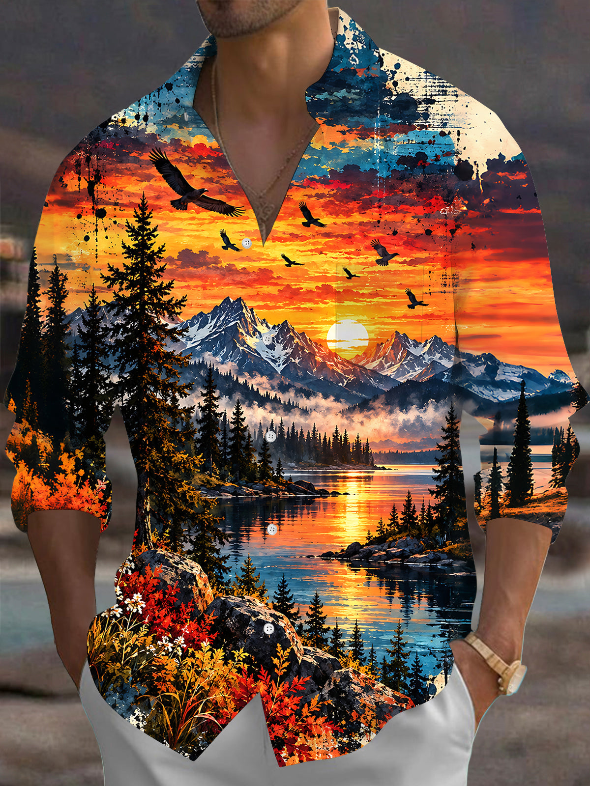 Oceanlyte Men's Graphic Mountain Sunset Landscape Print Long Sleeve Shirt with Chest Pocket