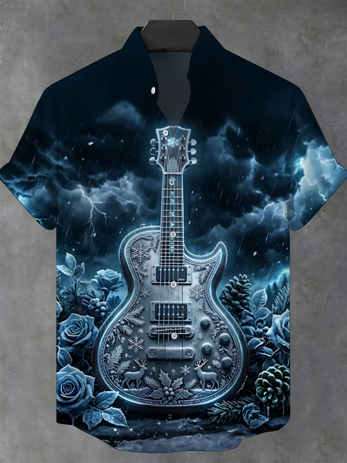 Oceanlyte Men's Short Sleeve Stand Collar Shirt - Christmas Electric Guitar With Snowflakes And Reindeer Print with Chest Pocket