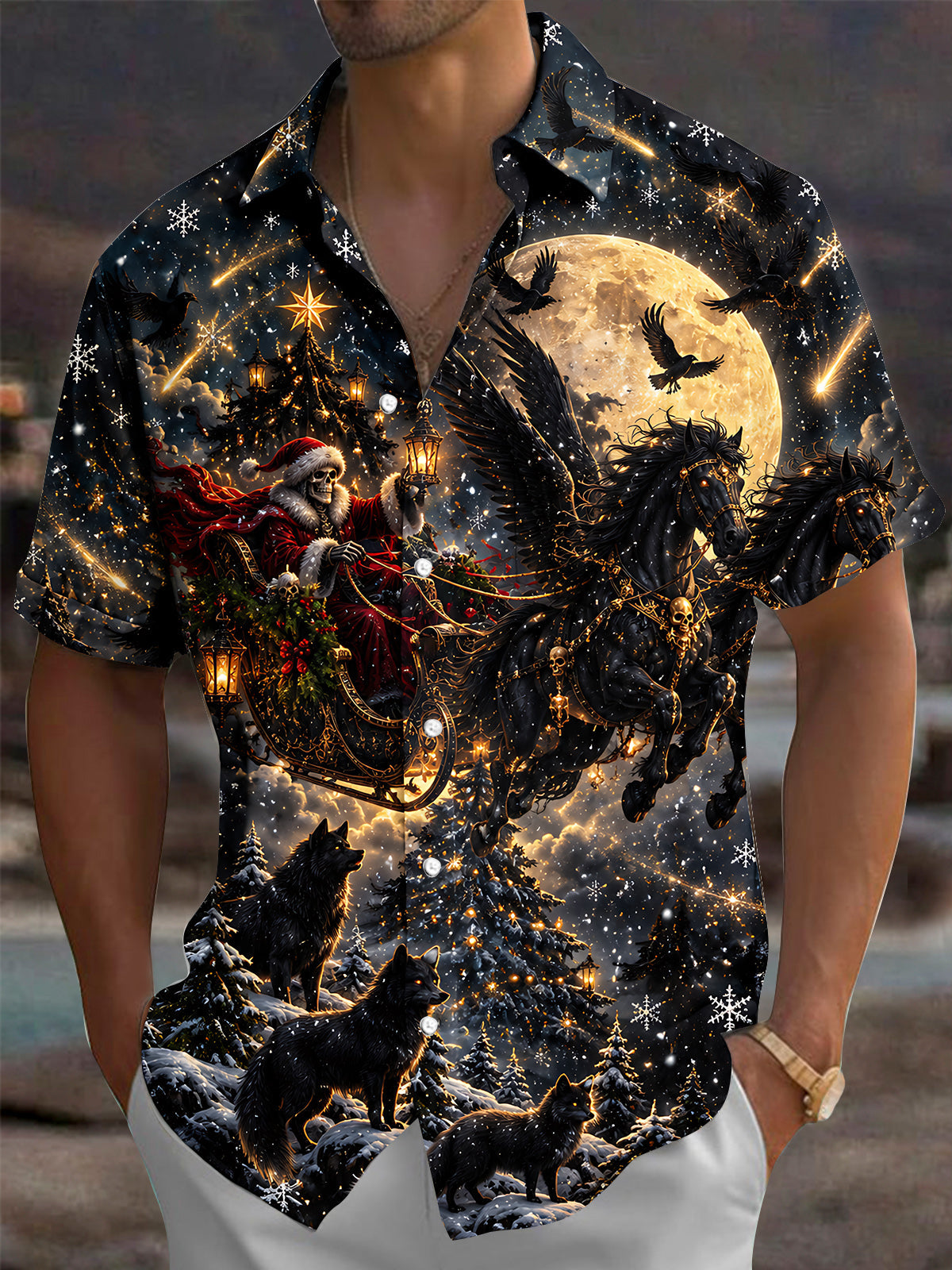 Oceanlyte Men's Short Sleeve Shirt - Skull Santa Claus In Sleigh With Winged Horses Print with Chest Pocket