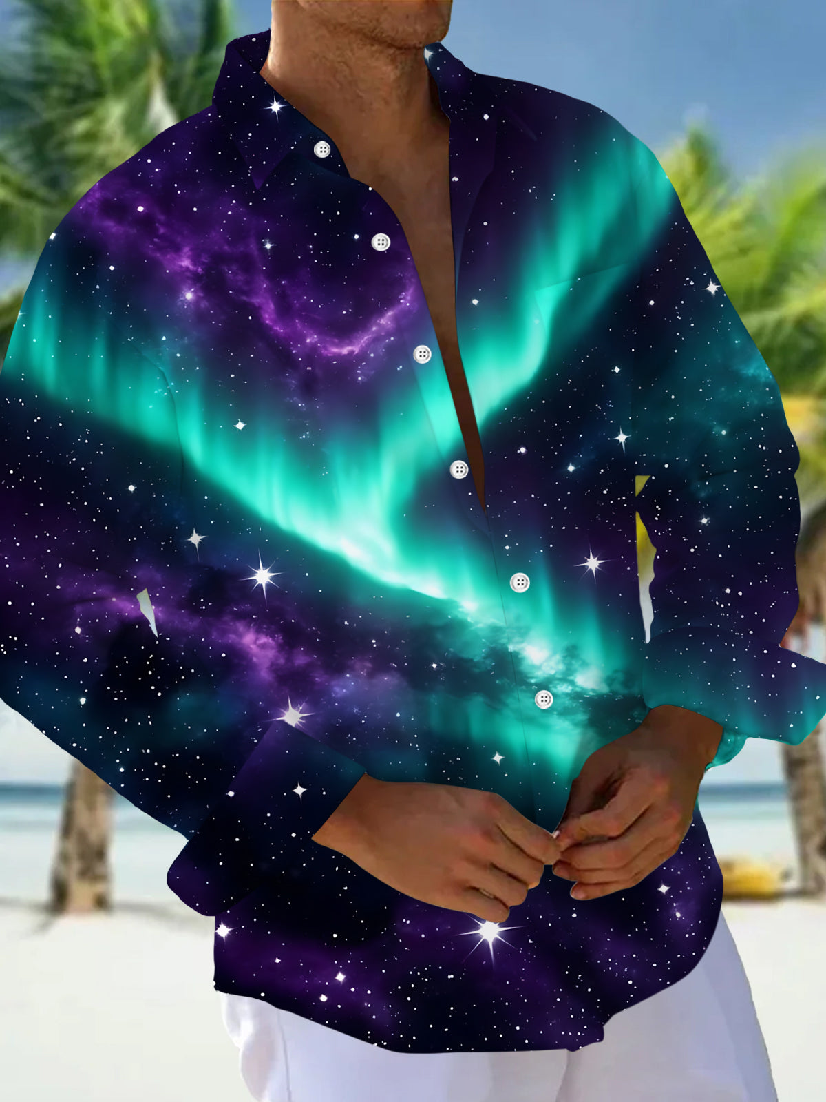 Oceanlyte Men's Aurora Borealis And Starry Night Sky Print Long Sleeve Shirt with Chest Pocket