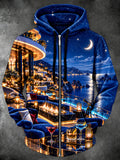 Oceanlyte Men's Long Sleeve Zip-Up Hoodie - Luxury Nighttime Villa With Ocean View Print with Kangaroo Pocket