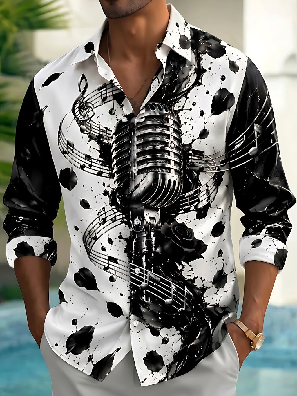Oceanlyte Men's Vintage Microphone And Musical Notes Print Long Sleeve Shirt with Chest Pocket