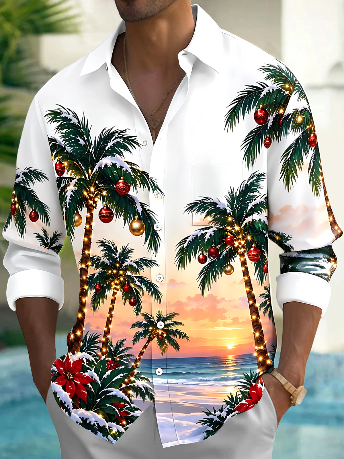 Oceanlyte Men's Long Sleeve Shirt - Palm Trees With Christmas Ornaments And Lights Print with Chest Pocket