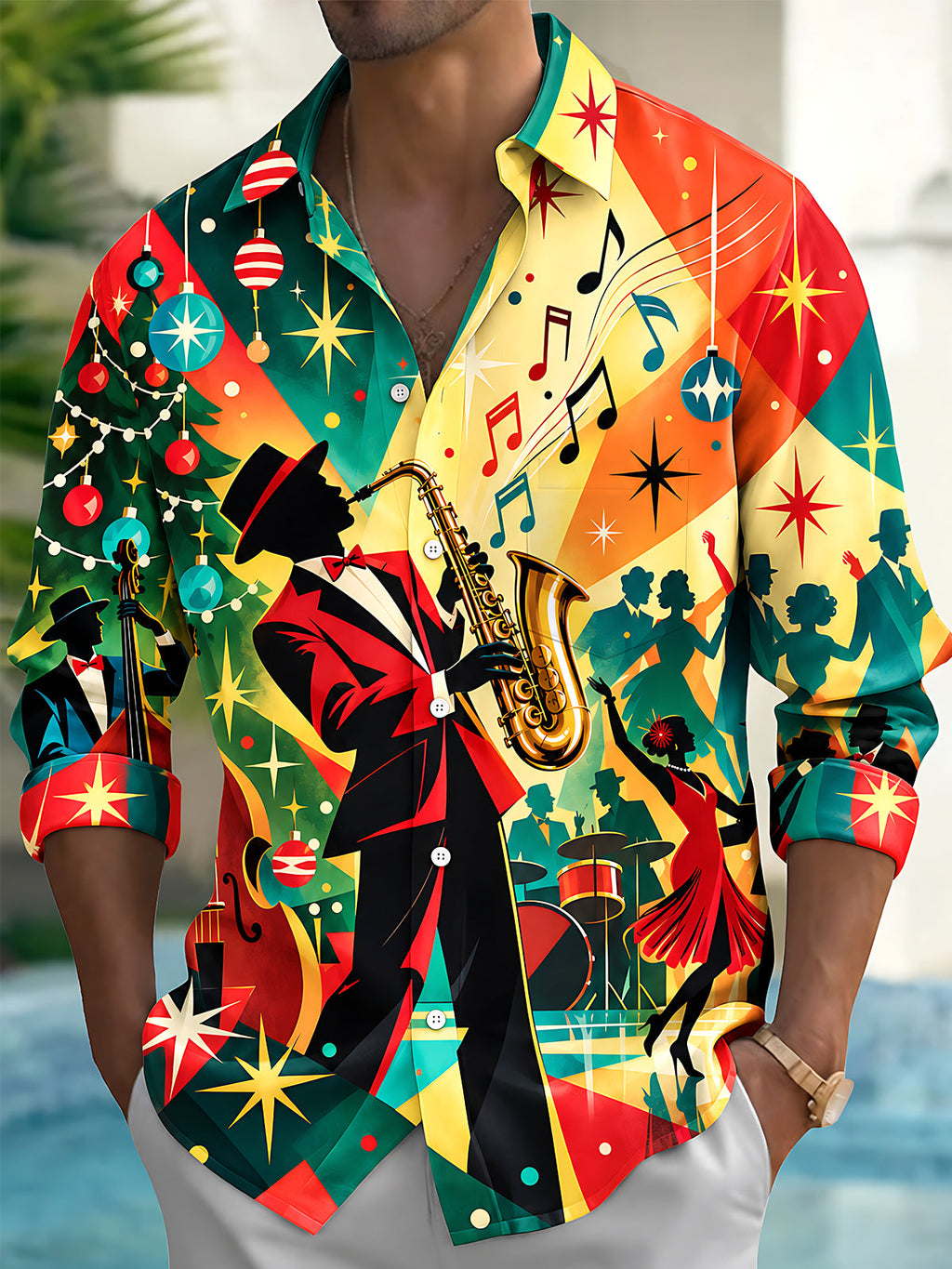 Oceanlyte Men's Graphic Christmas Jazz Saxophone Print Long Sleeve Shirt with Chest Pocket