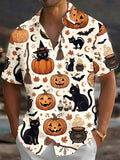 Oceanlyte Men's Halloween Black Cats And Pumpkins Print Short Sleeve Shirt with Chest Pocket