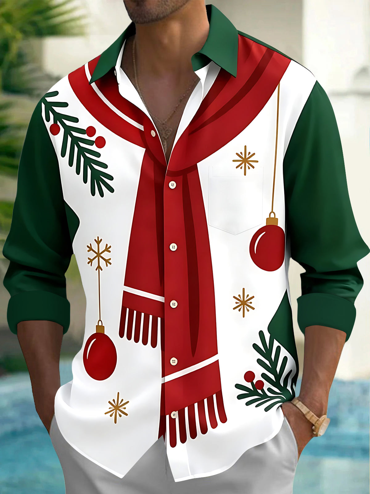 Oceanlyte Men's Long Sleeve Shirt - Christmas Scarf And Ornaments With Pine Branches Print with Chest Pocket