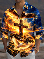 Oceanlyte Men's Printed Eagle Dove And Cross Print Long Sleeve Shirt with Chest Pocket