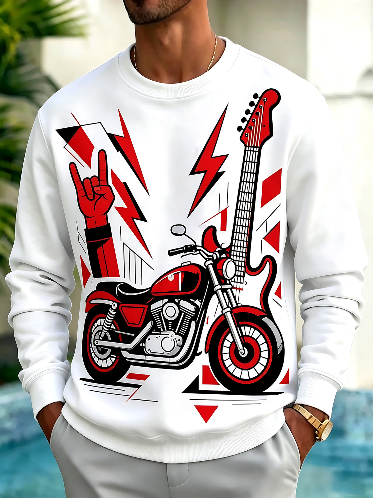 Oceanlyte Men's Long Sleeve Hoodie - Electric Guitar And Motorcycle With Rock Hand Print